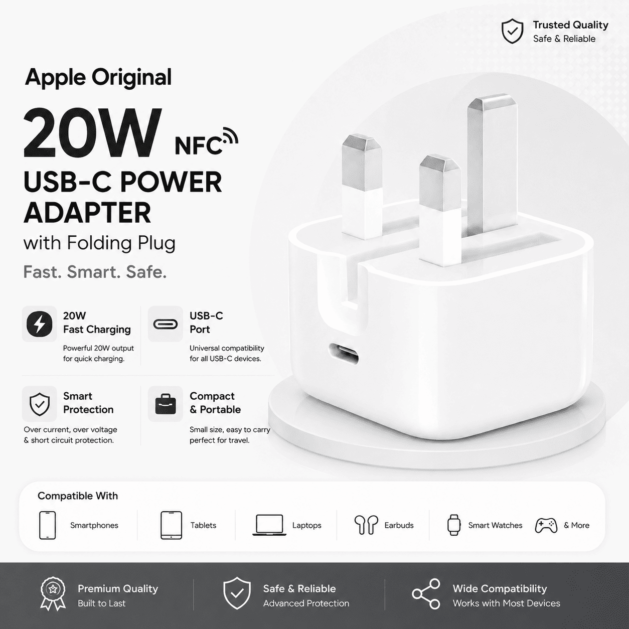 20W USB-C Fast Charger NFC with Folding Plug (3-Pin)