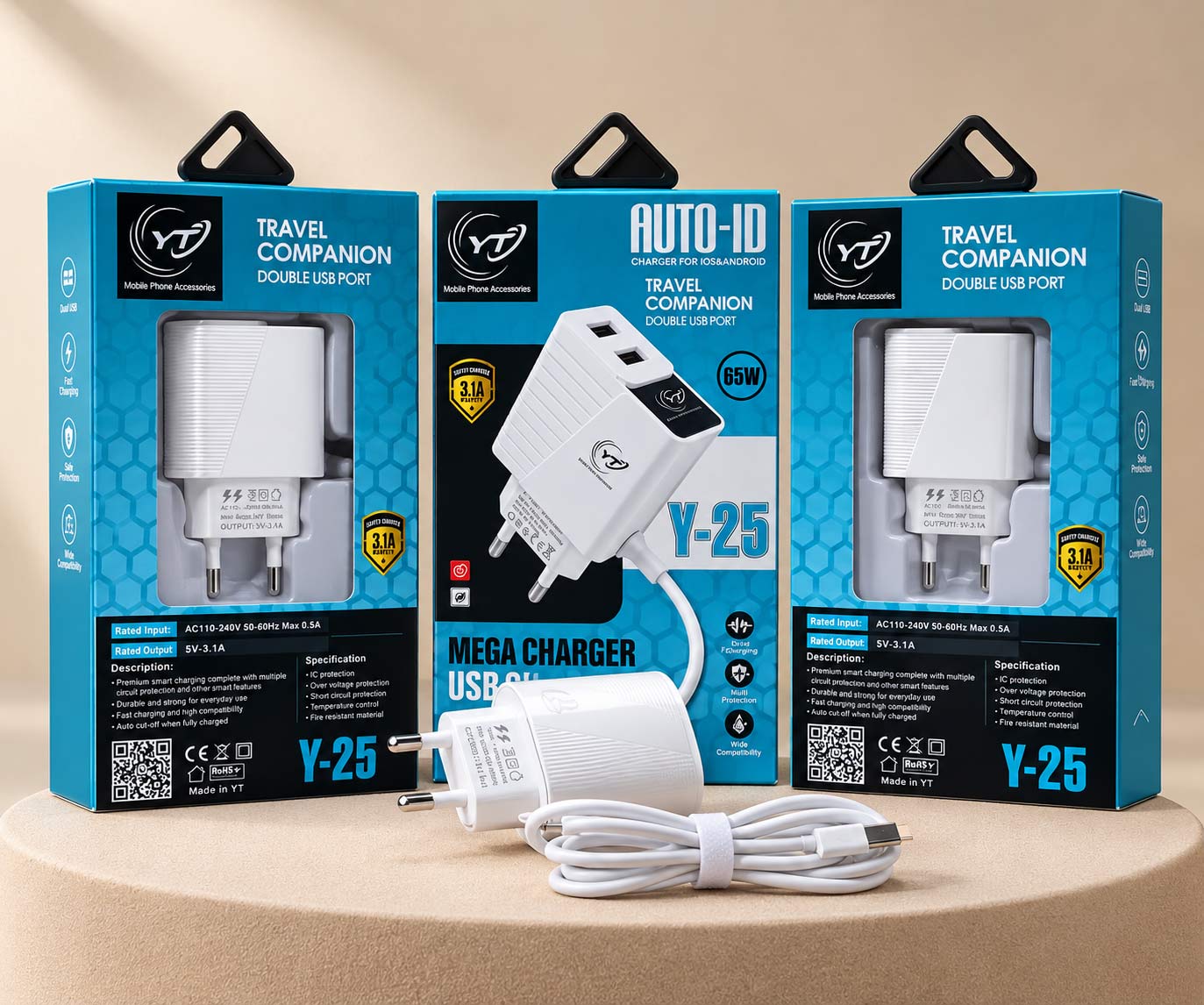 YT Y-25 Dual USB Travel Charger 3.1A with Cable